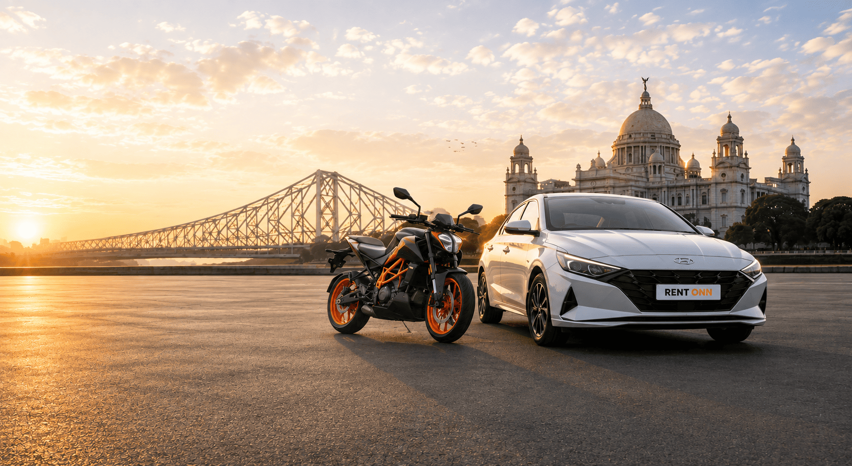 Car and motorcycle with city landmarks